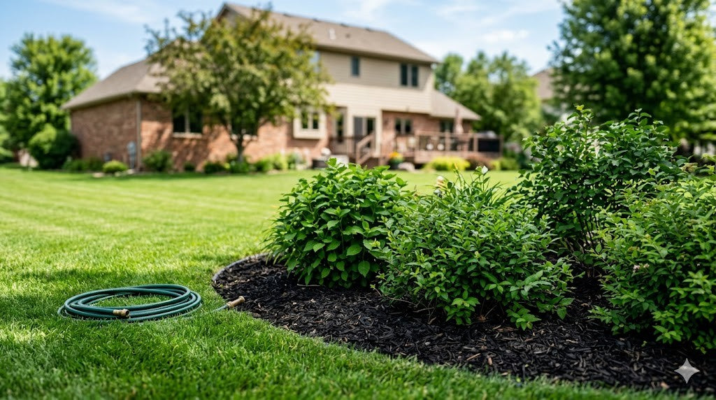 Minnesota yard in bright summer sun with a deeply mulched shrub bed and garden hose ready for watering