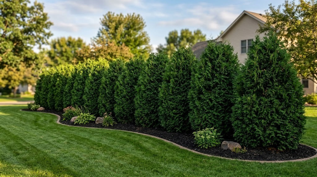 Established row of Techny arborvitae forming a dense dark green privacy screen along a Minnesota back property line