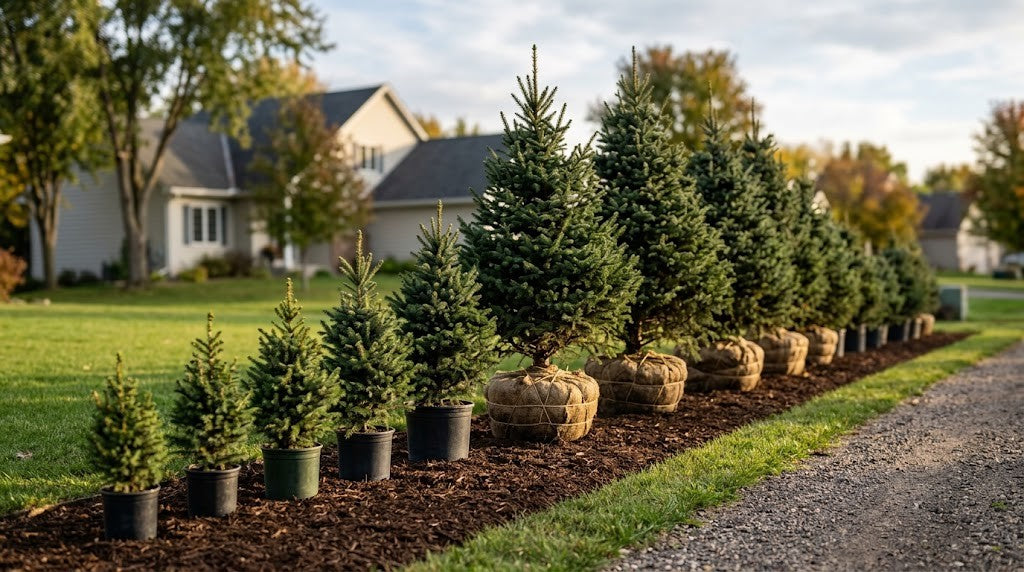 Black Hills Spruce in graduated nursery sizes lined up in a Minnesota nursery yard, from small containers to large balled-and-burlapped specimens