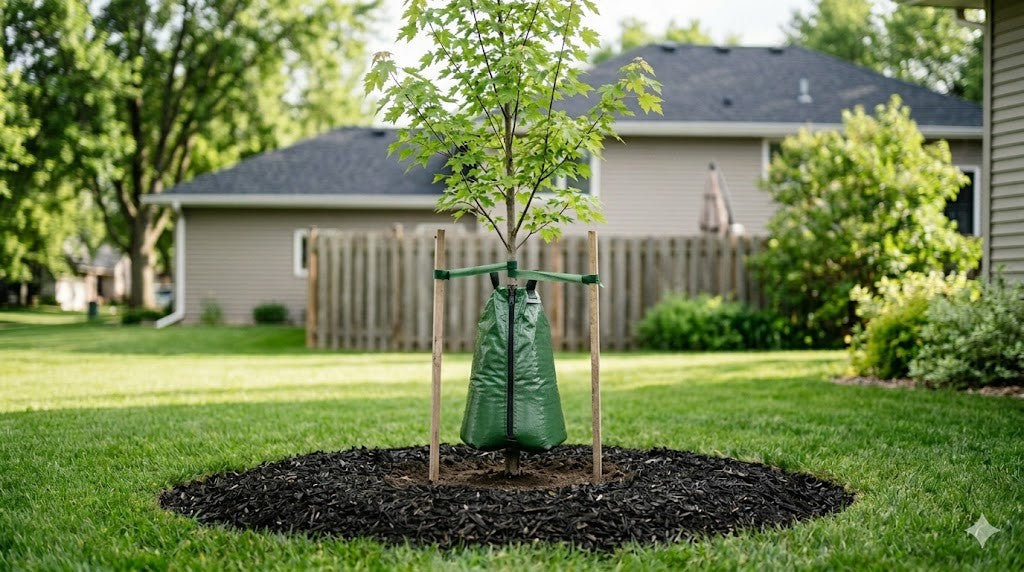 Newly planted tree with mulch ring and slow-release watering bag in a Minnesota yard