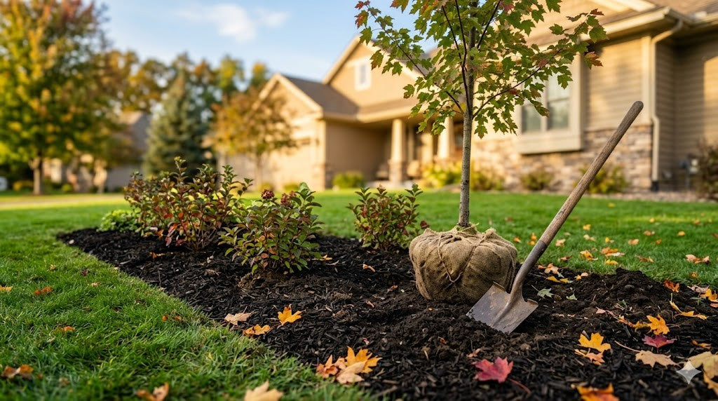 Early-autumn planting of young shrubs and a tree in a mulched Minnesota suburban garden bed
