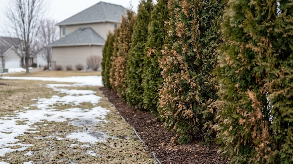 Row of mature arborvitae on a Minnesota property line in early spring with brown winter-burned foliage on the sun-facing side