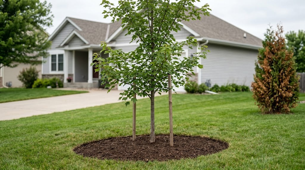 A newly planted deciduous shade tree with a flat mulch ring in a Minnesota suburban front yard, with a browned-out arborvitae behind it