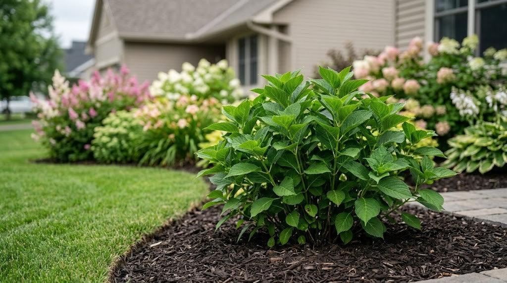 Leafy green hydrangea shrub with no flowers in a Minnesota residential foundation bed