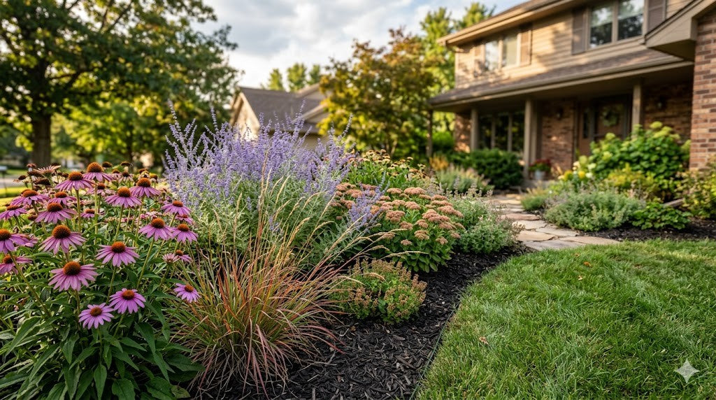 A lush low-water Minnesota front-yard xeriscape with drifts of coneflower, little bluestem, Russian sage, and sedum and a small no-mow fescue area replacing thirsty lawn